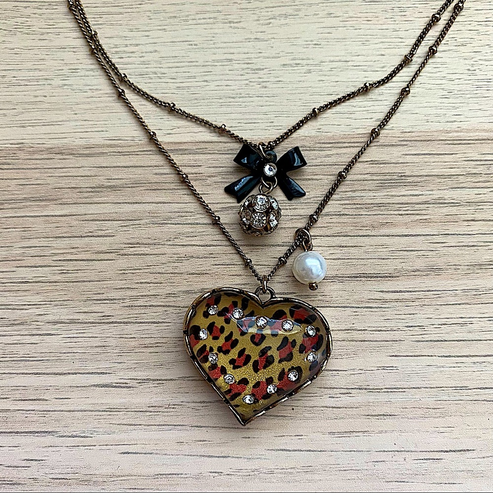 Betsey Johnson Vintage Leopard Heart and Bow Duo Neclace